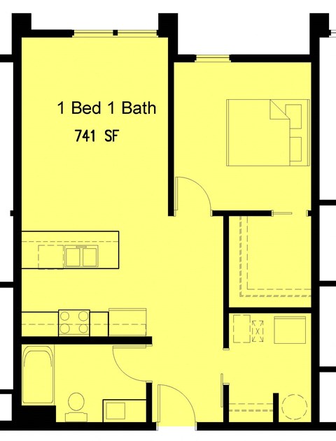 Floor plan for 1 bed, 1 bath, 741 sqft